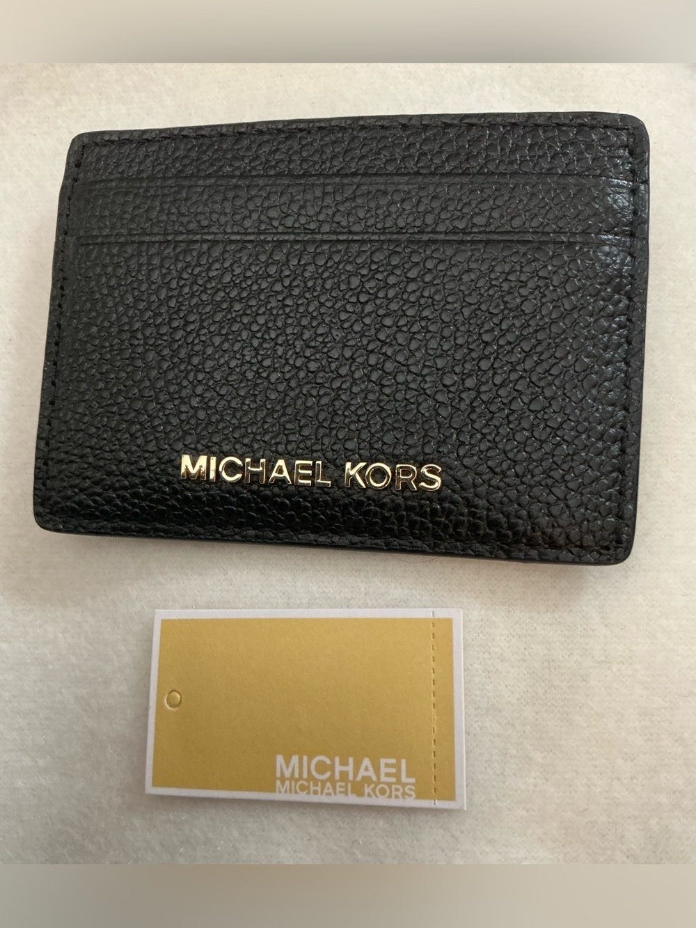Michael Kors Black Pebbled Leather Card Case with Gold Logo